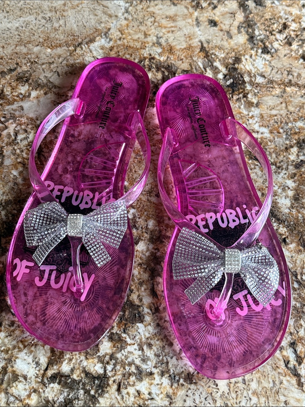 Juicy Couture Rhinestone Bow Jelly Flip Flops